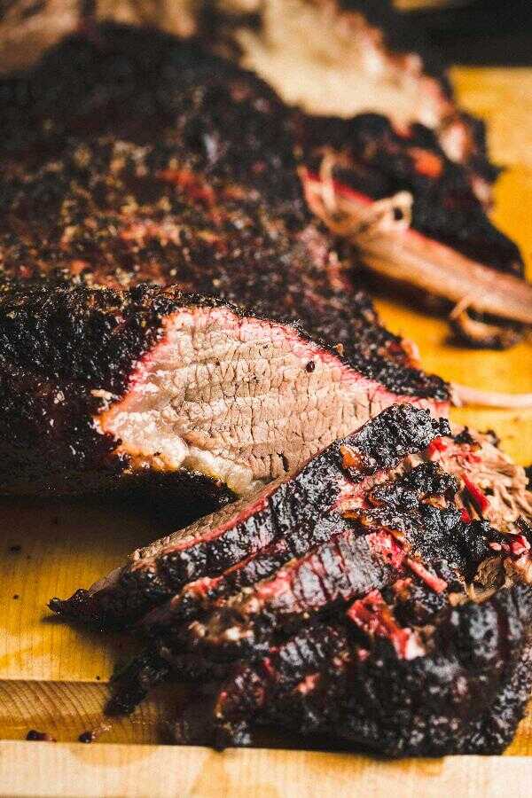 Sliced piece of smoked beef.