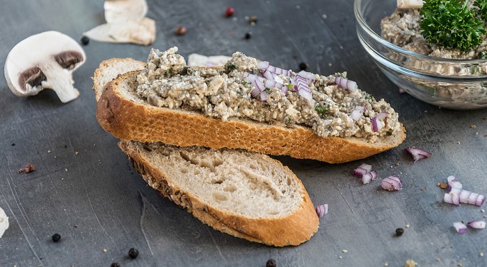 Slices of veka spread with yeast and mushroom spread.