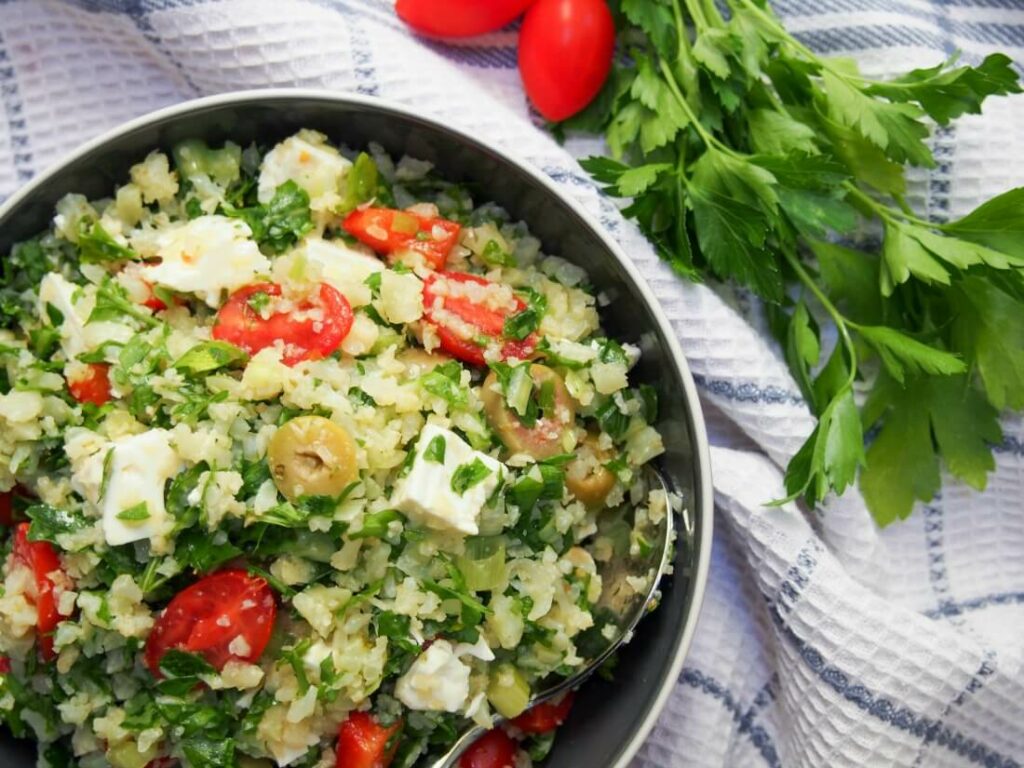 Greek style cauliflower rice salad.