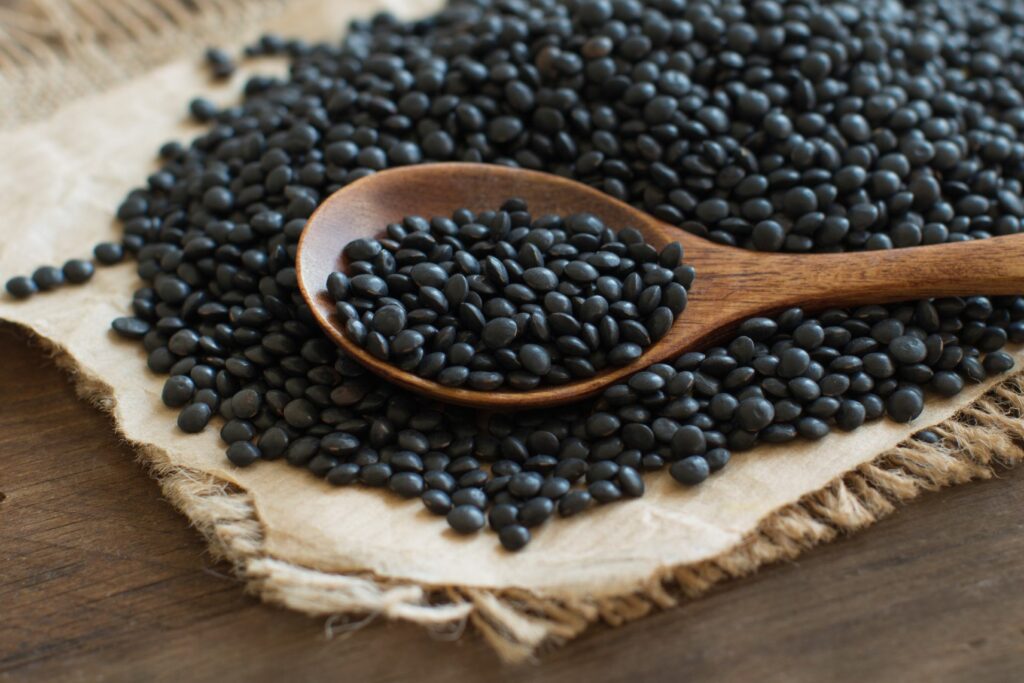 Black lentils in a spoon