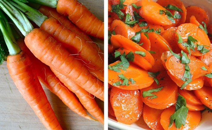 Vergleich zwischen ganzen rohen Karotten und in Scheiben geschnittenen gekochten Karotten.