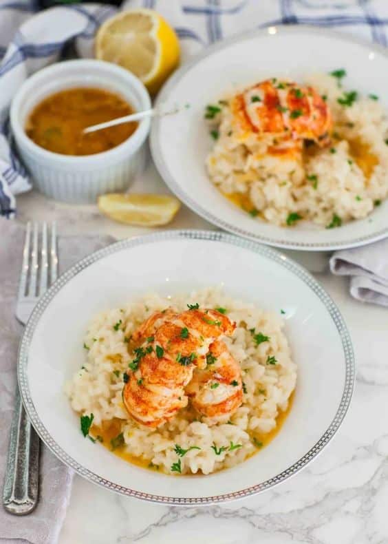 Perfect creamy risotto with tender lobster meat and vegetables.