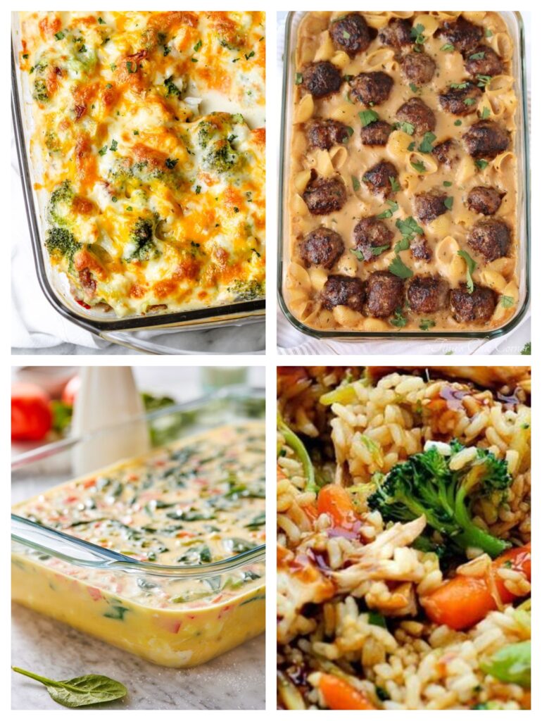 Různé varianty na zapečené pokrmy s masem, zeleninou a rýží nebo nudlemi.