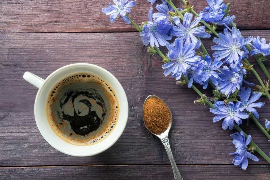 Káva z praženého kořene čekanky v hrníčku s vedle položenou lžičkou, na které je cikorka a čerstvými květy. 