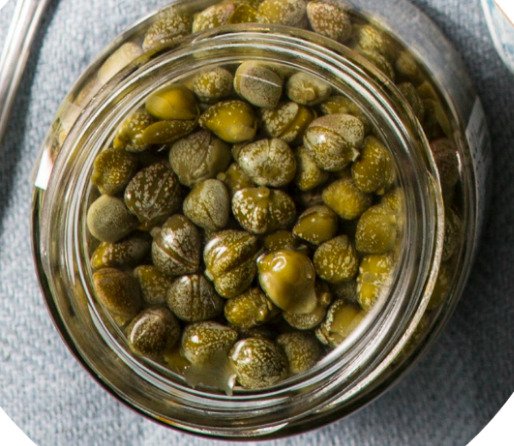 Pickled capers in a jar.