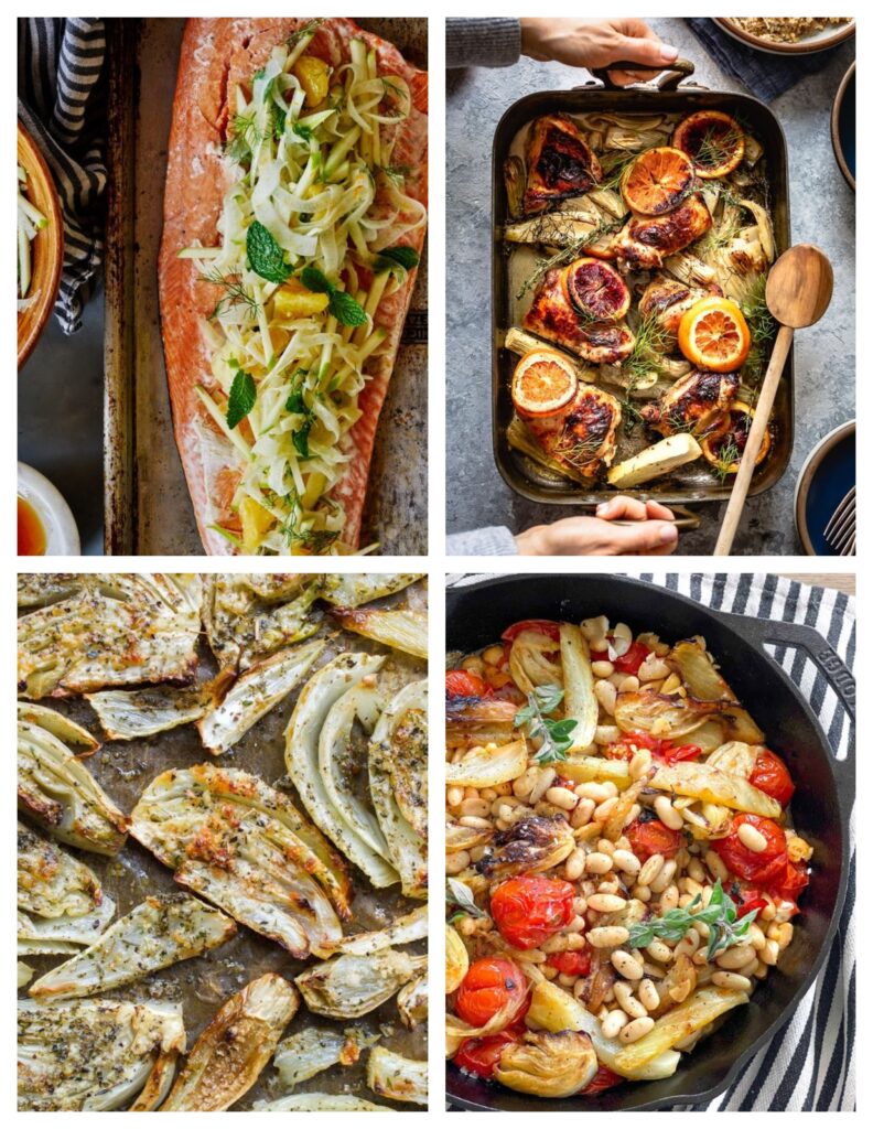 A variety of recipes with baked, fried and boiled fennel.