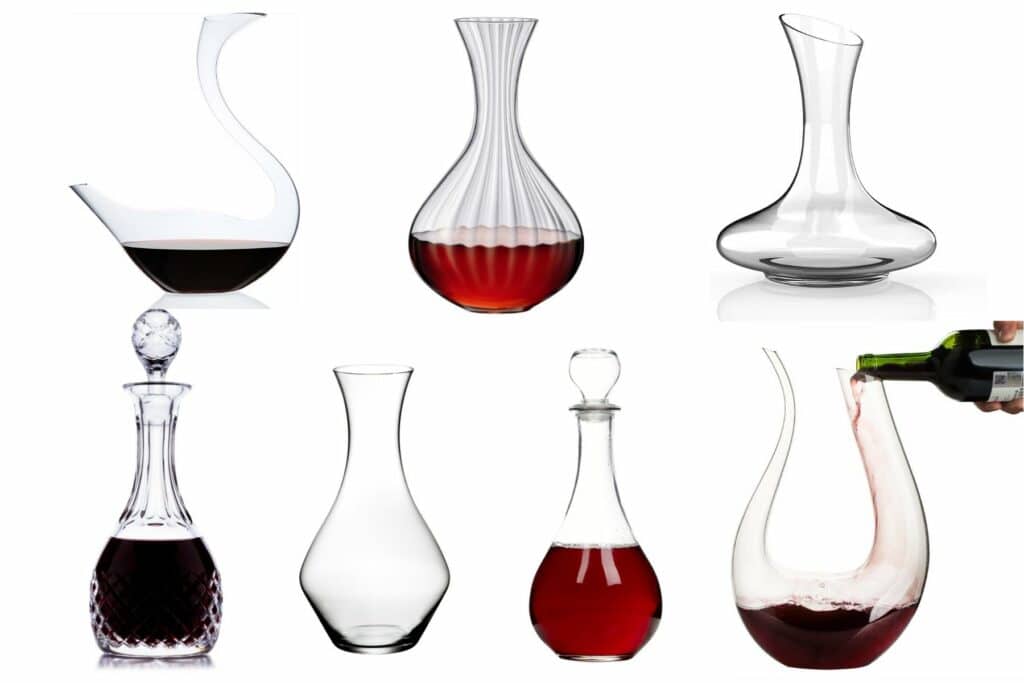 Různé typy a druhy dekantérů do kterých lze nalít víno.