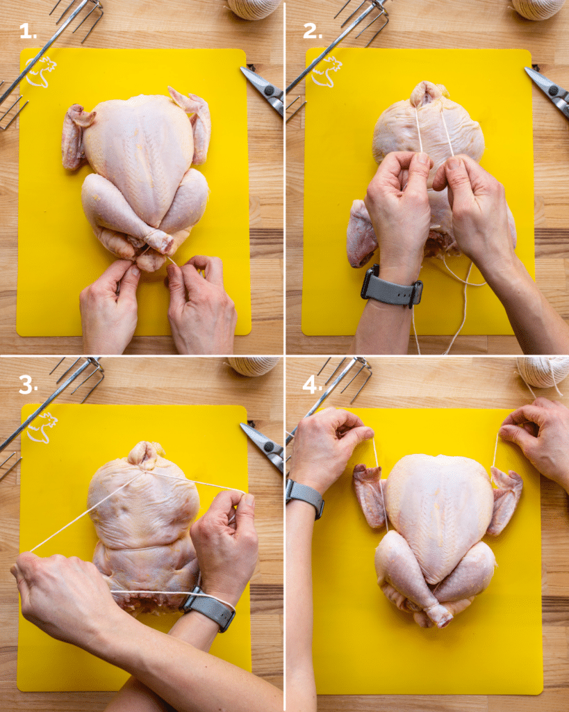 Postup jak svázat kuře před tím, než se upeče.