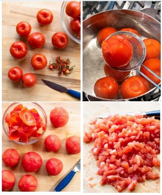 Postup ve 4 krocích jak si conkasse z rajčat připravit.