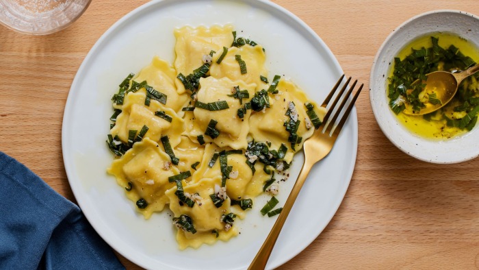 Pasta prepared with sage butter.