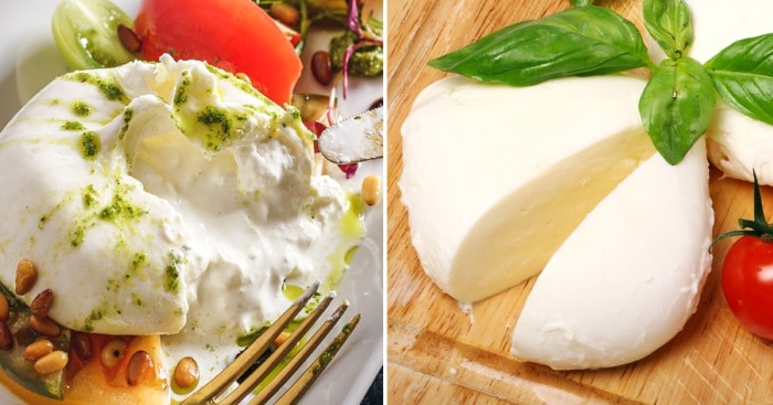 Vergleich von Mozzarella und Burrata nach dem Schneiden mit einem Messer.
