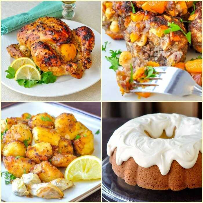 Collage of recipes with lemon - baked chicken served on a plate with lemon wedges, sliced chicken with a fork placed next to it, baked potatoes served on a plate with garlic and a lemon wedge, cake with lemon glaze.