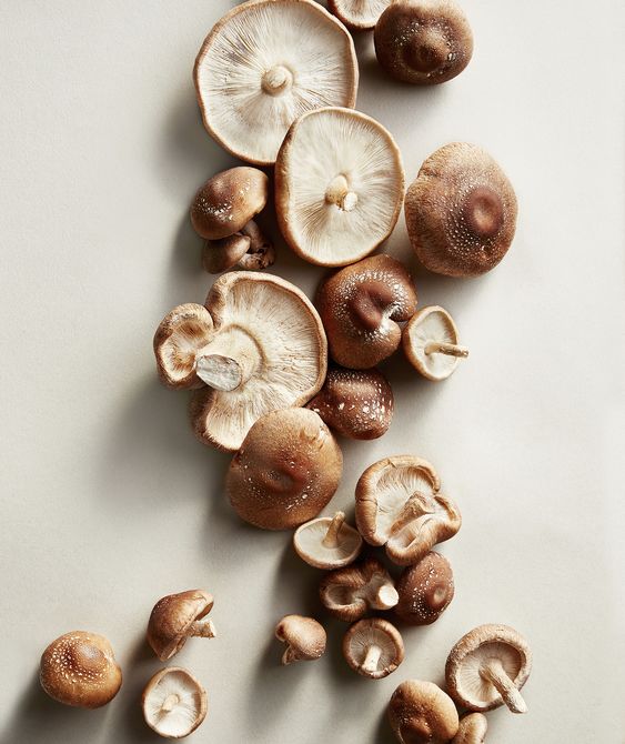 Small and large mushrooms that are spread out on the table.