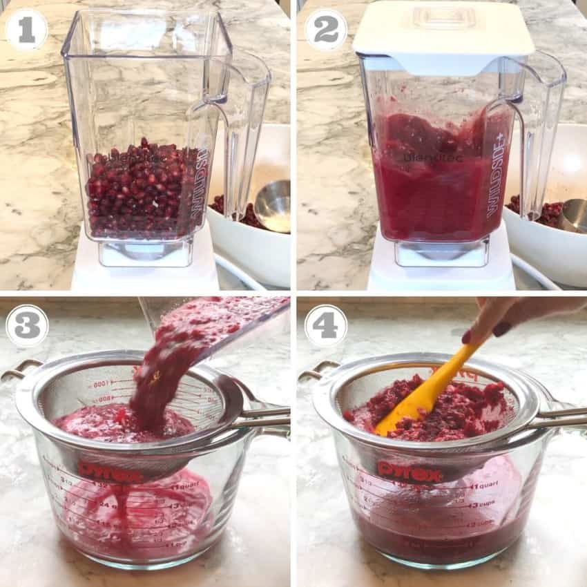 Collage der Zubereitung von Granatapfelsaft. Auf dem ersten Bild ist ein Mixer mit Samen zu sehen, auf dem zweiten gemischte Samen in einem Mixer, auf dem dritten ein Sieb, durch das der Saft gesiebt wird, und im vierten das Sieben des resultierenden Safts.
