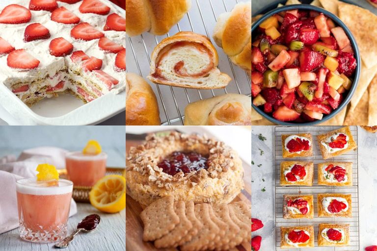 Collage of photos of strawberry recipes - strawberry bun, strawberry strudel, fruit salad, refreshing drinks, biscuit dessert and crackers with strawberry jam.
