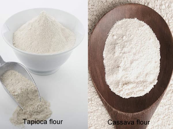 A collage of two photos - the first is a bowl of tapioca flour with a spoonful of tapioca next to it, and the second is a bowl of cassava flour.