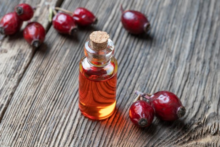 A small bottle of rosehip oil.