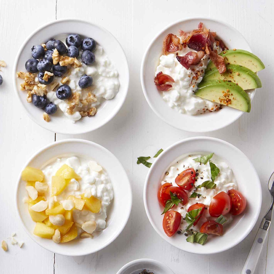 Four bowls full of healthy cheese and other healthy ingredients to support the overall health of the body.