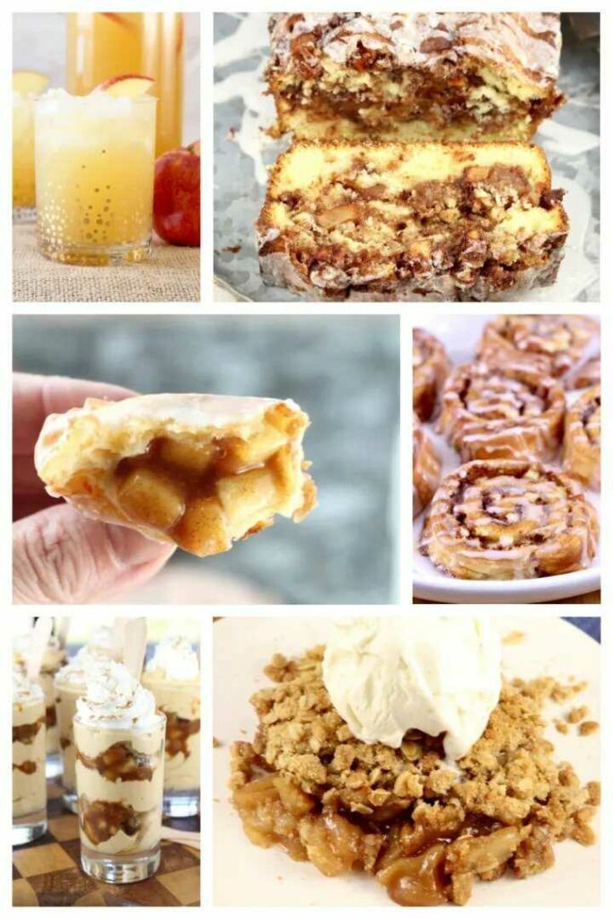 A collage of different apple recipes - apple cider in a glass with ice, apple bun, apple dessert in hand, apple snails, sweet cup with whipped cream and sweet apple mixture with crumble.