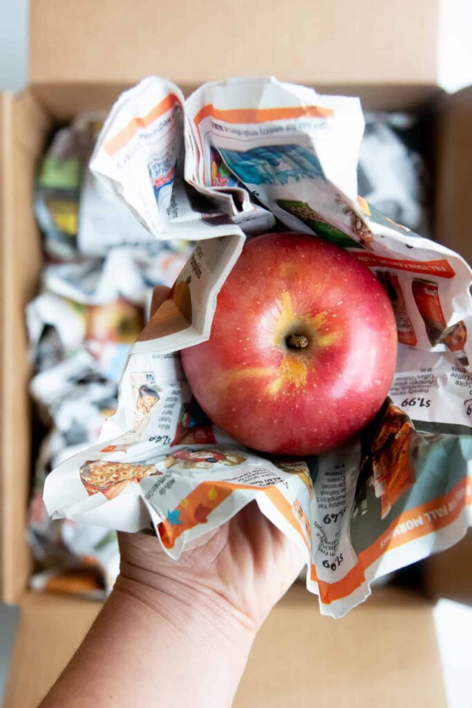 Red apple wrapped in newspaper held by hand.