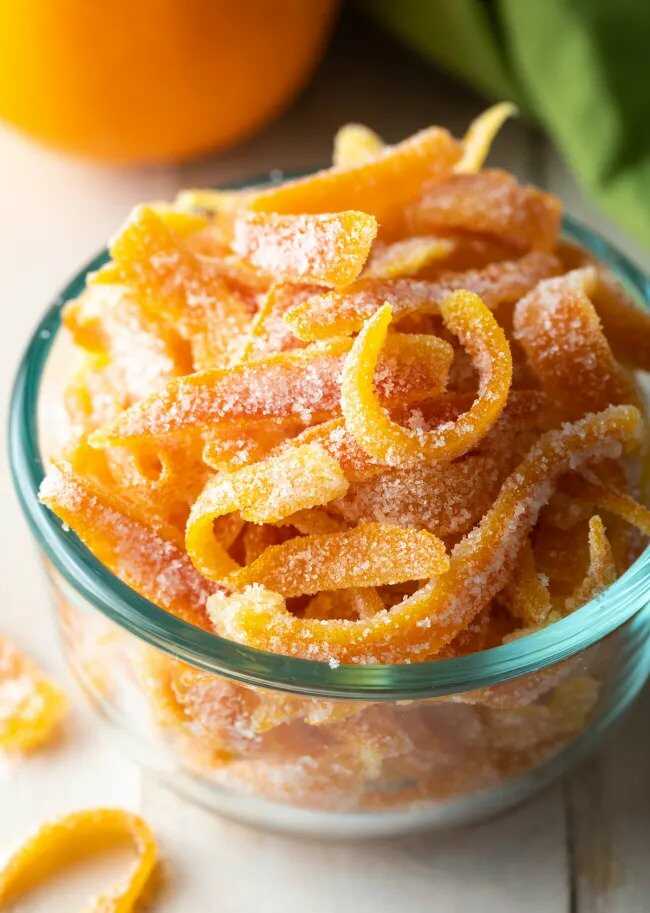 Candied orange peel in a glass bowl.