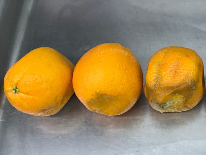 Tři špatné pomeranče vedle sebe.