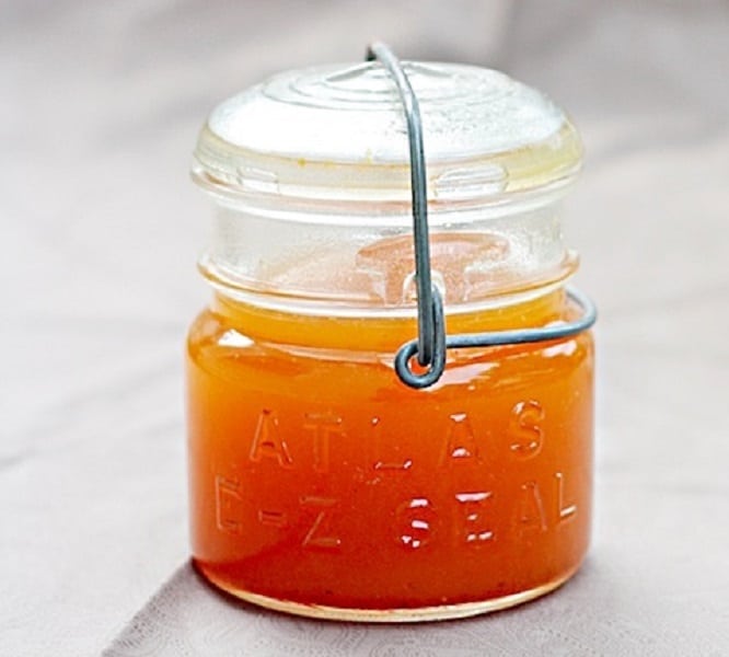 Pumpkin syrup in a closed jar.
