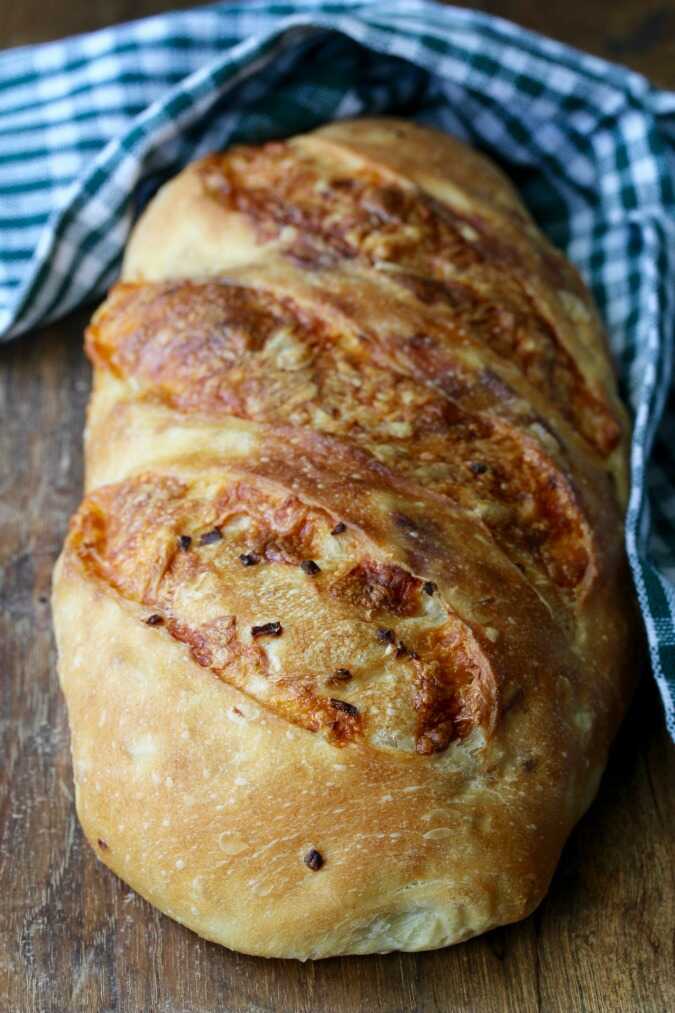 Onion bread with a crispy cheese crust.