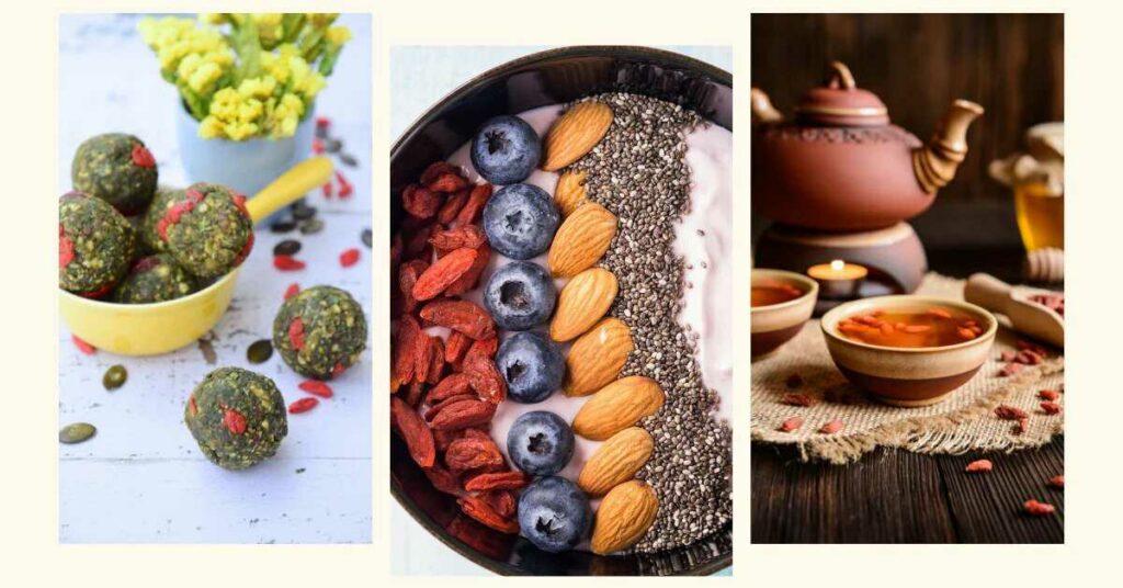 Collage of goji recipes - sweet balls in a bowl, breakfast bowl with fruit and nuts and tea.