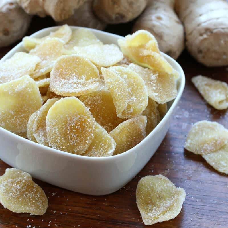 Sweet dried ginger in a bowl.