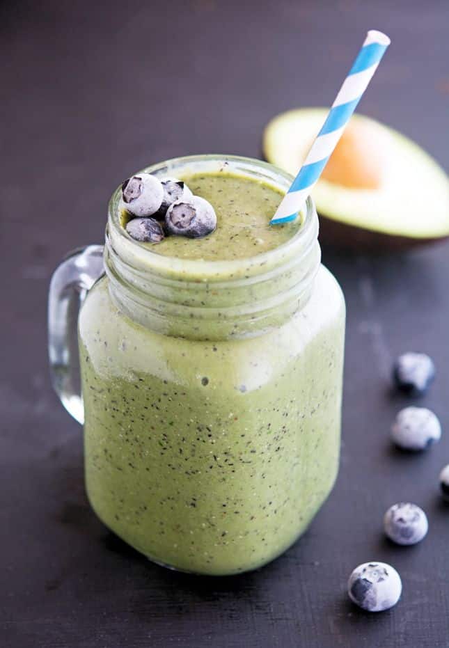 Super healthy smoothie made from blueberries, avocado and spinach.