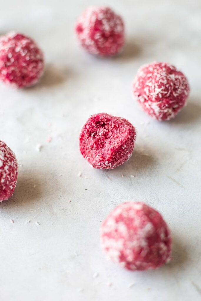 Delicious healthy balls with beetroot and coconut.