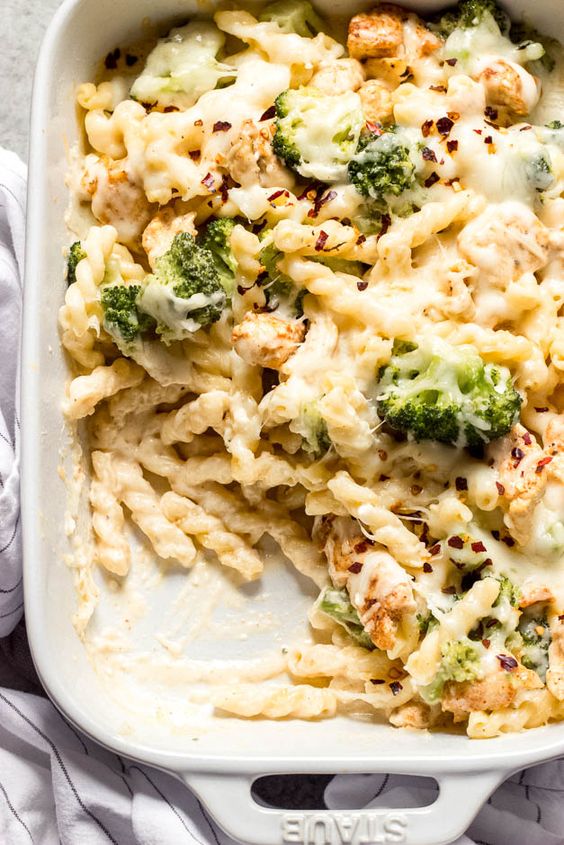 Delicious chicken meat with cream sauce and broccoli.