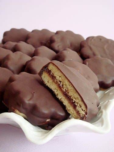 Shortbread filled with marmalade and covered in chocolate.