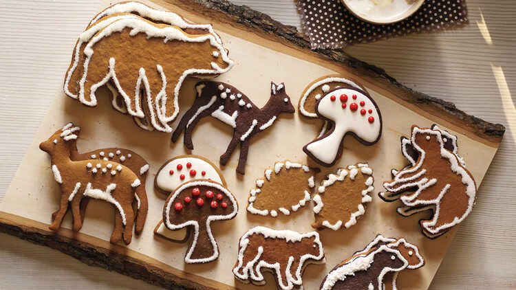 Gingerbread cookies of various shapes.
