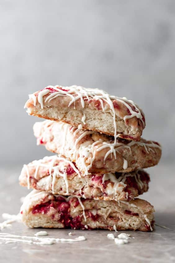 A tower of sweet raspberry scones.