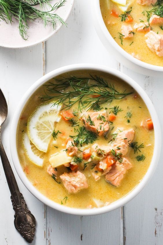 Delicious carp soup with dill and vegetables.