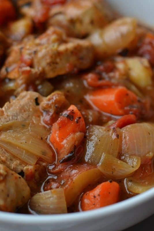 Soft pork meat with onions and carrots.