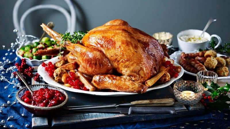 Roast turkey on a plate with a bowl of cranberries next to it.