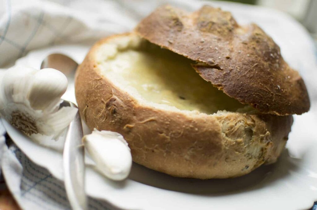 Garlic soup served in bread.