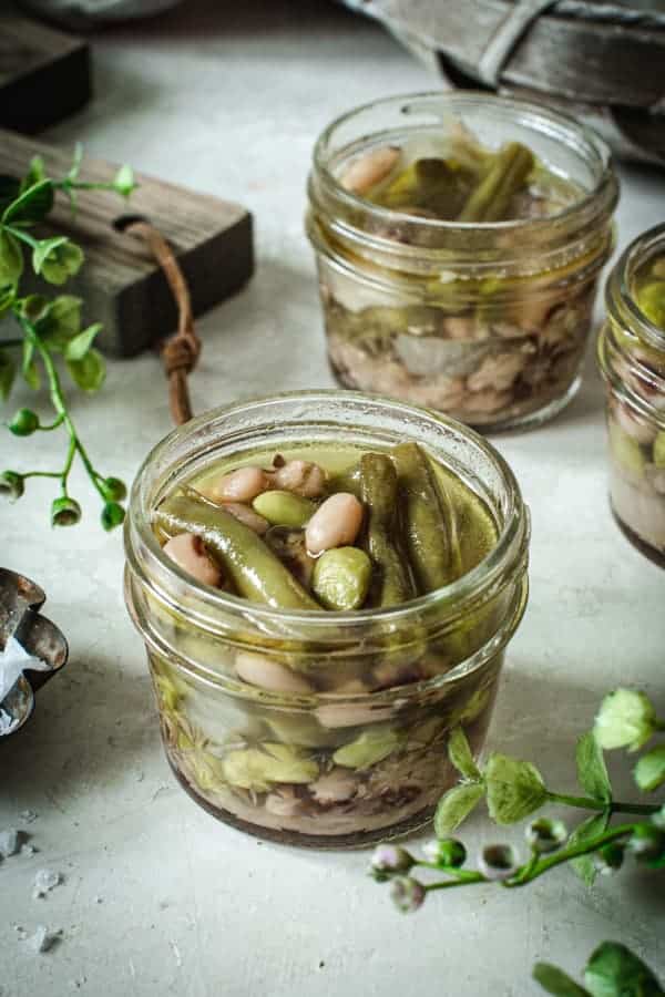 Pickled beans in jars.