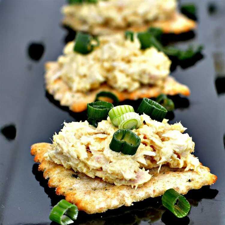 Cracker mit Thunfisch- und Meerrettichaufstrich, dekoriert mit Frühlingszwiebeln.