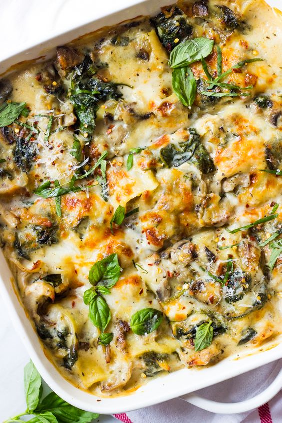 Delicious creamy lasagna with meat and fragrant mushrooms.