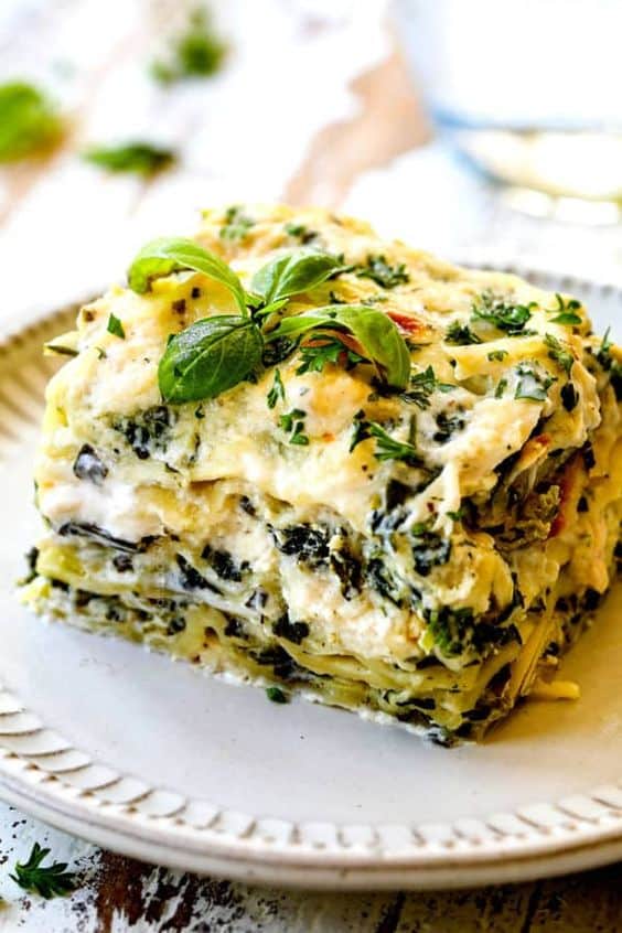 Wonderful fluffy lasagna with spinach and tender meat.