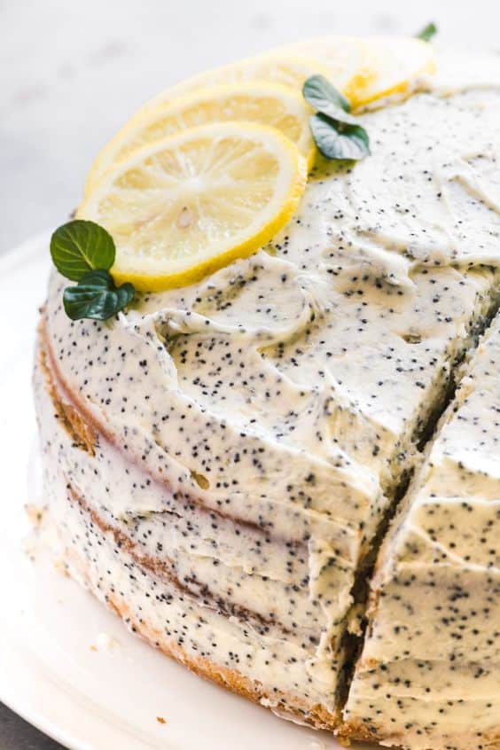 Sliced delicious lemon and poppy seed cake.