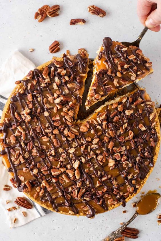 Crispy crust filled with creamy filling with pecans and chocolate.