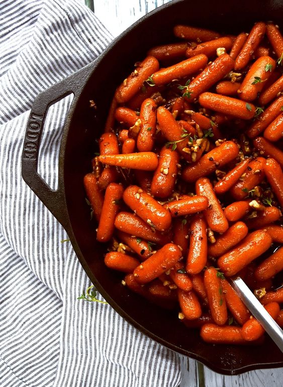 Pan-fried baby carrots coated in a sweet brown sugar glaze.