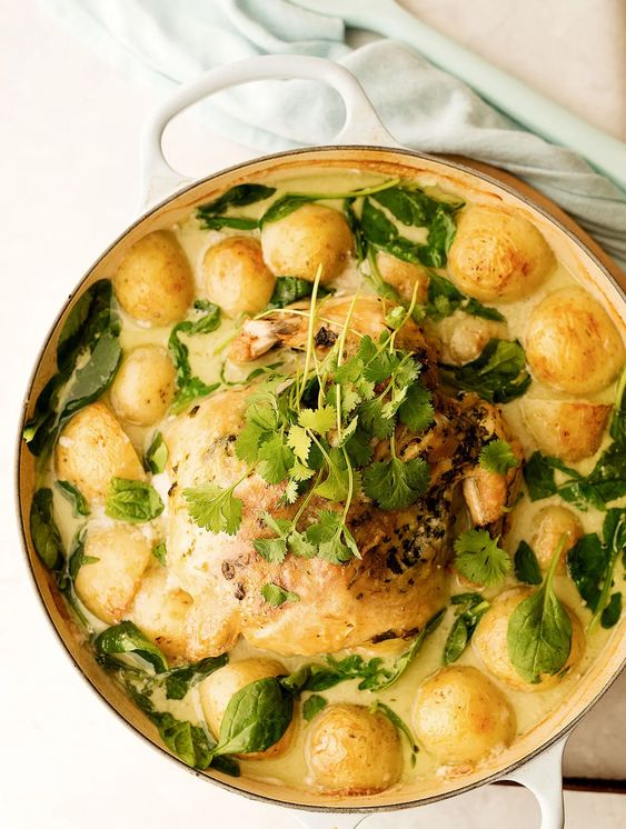 Chicken thigh roasted until crispy in the oven with potato and spinach.